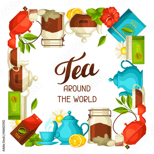 Tea around the world. Illustration with tea and accessories, packs and kettles