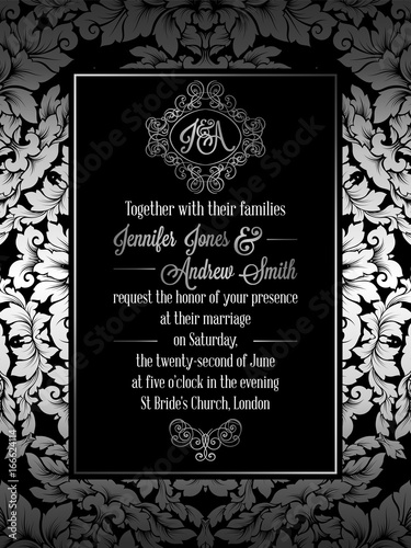 Vintage baroque style wedding invitation card template.