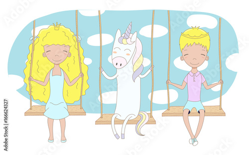 Hand drawn vector illustration of a cute little princess and prince (crown can be removed) with unicorn, on a swing, with blue sky in the background.