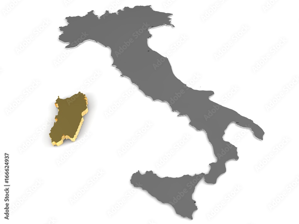 Italy 3d metallic map, whith sardinia,region highlighted 3d render