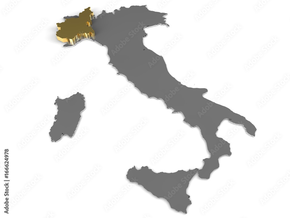 Italy 3d metallic map, whith piemonte region highlighted 3d render