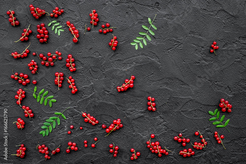 Berry pattern. Red currant and leaves on black table background top view copyspace