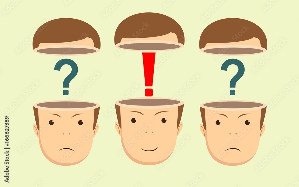 Leadership concept with question marks and red exclamation mark in the open heads on background