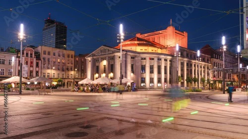 Tram intersection in the centre of Katowice. Urban bustle.