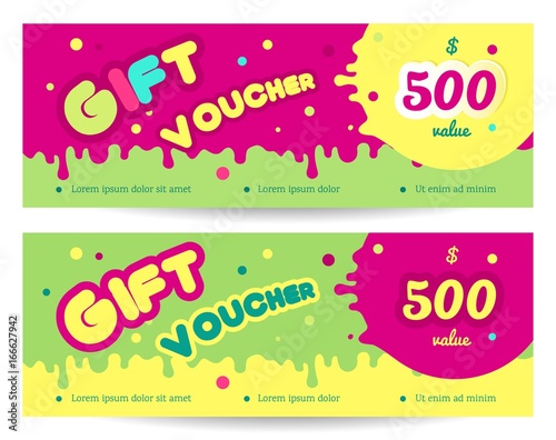 Set of colorful gift vouches for kids and baby goods .   Gift certificate for a holiday.  Vector flat illustration photo