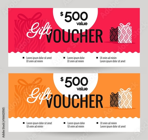 Gift Voucher Coupon discount. Gift certificate template with gift boxes. Shopping concept.  Vector illustration