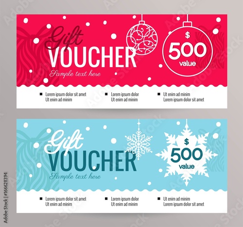 Christmas Gift Voucher Coupon discount. Gift certificate template for Merry Christmas. Vector flat illustration