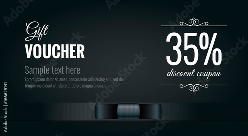 Elegant black and white gift voucher premium coupon with black ribbon. Design usable for gift coupon, voucher, invitation, certificate, diploma, ticket etc. Vector illustration