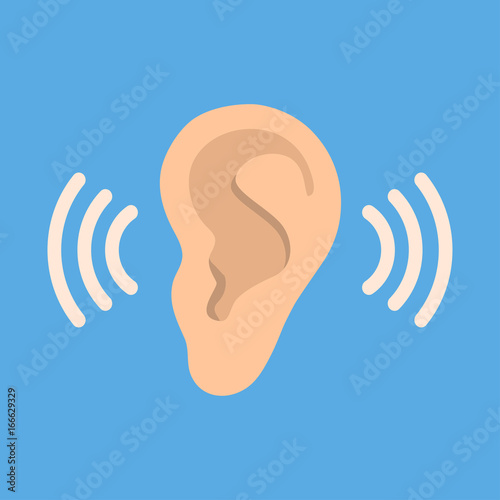 Ear listen vector icon on blue background. Ear vector icon. Listening vector icon.