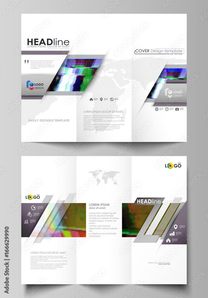 Tri-fold brochure business templates on both sides. Editable abstract vector layout in flat design. Glitched background made of colorful pixel mosaic. Digital decay, signal error, television fail