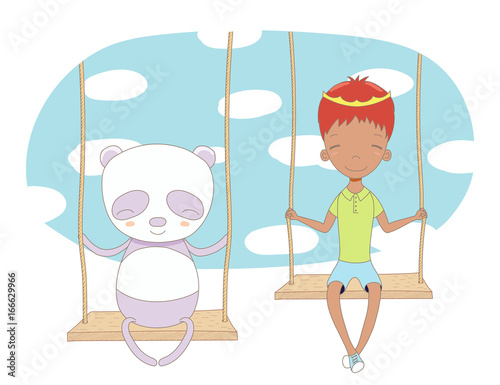 Hand drawn vector illustration of a cute little prince (crown can be removed) and panda, sitting on a swing, with sky and white clouds in the background.