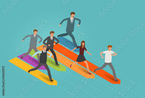 Startup, career, business concept. Businessman and group of business people running to the goal. Infographics vector illustration