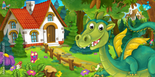 Cartoon background of a dragon near the village - illustration for the children