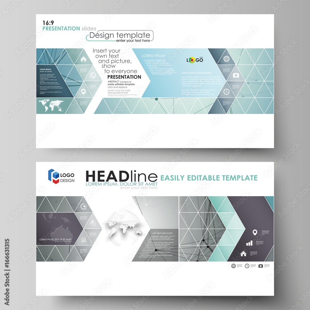 Business templates in HD format for presentation slides. Vector layouts in flat design. Geometric background, connected line and dots. Molecular structure. Scientific, medical, technology concept.
