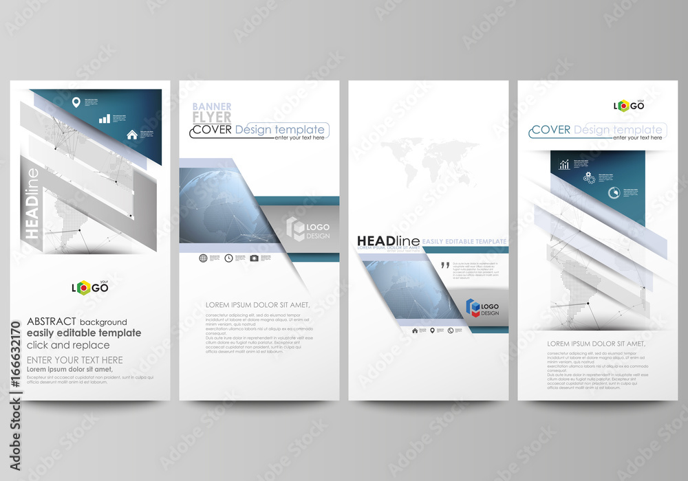 The minimalistic abstract vector illustration of the editable layout of four modern vertical banners, flyers design business templates. World globe on blue. Global network connections, lines and dots.