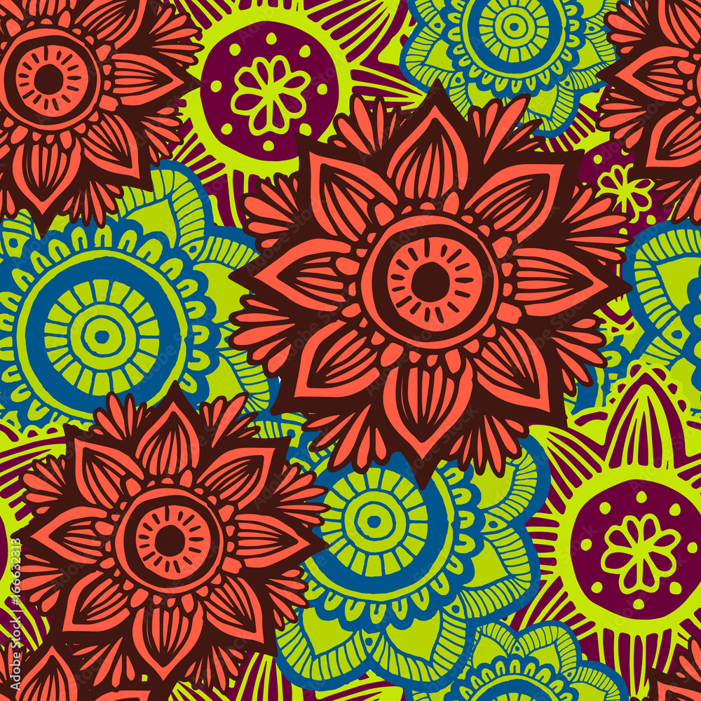 Flower mandala seamless pattern in hand drawn style