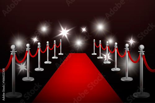 Realistic vector red event carpet , silver barriers and flashes. Design template in EPS10.