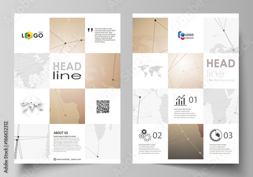 The vector illustration of the editable layout of A4 format covers design templates for brochure, magazine, flyer, booklet, report. Global network connections, technology background with world map.