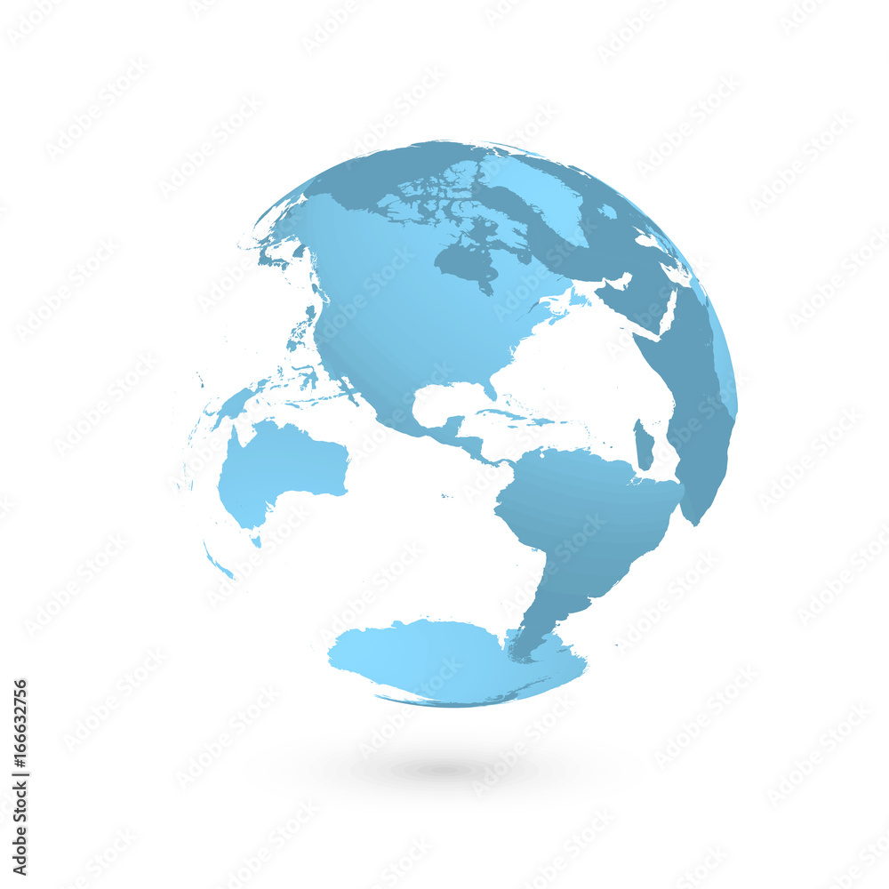 3D planet Earth globe. Transparent sphere with blue land silhouettes. Focused on Americas.