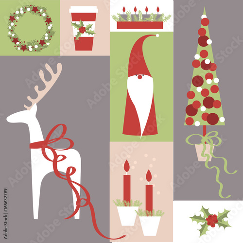 Christmas set. Christmas tree, deer,  candles.Vector illustration.