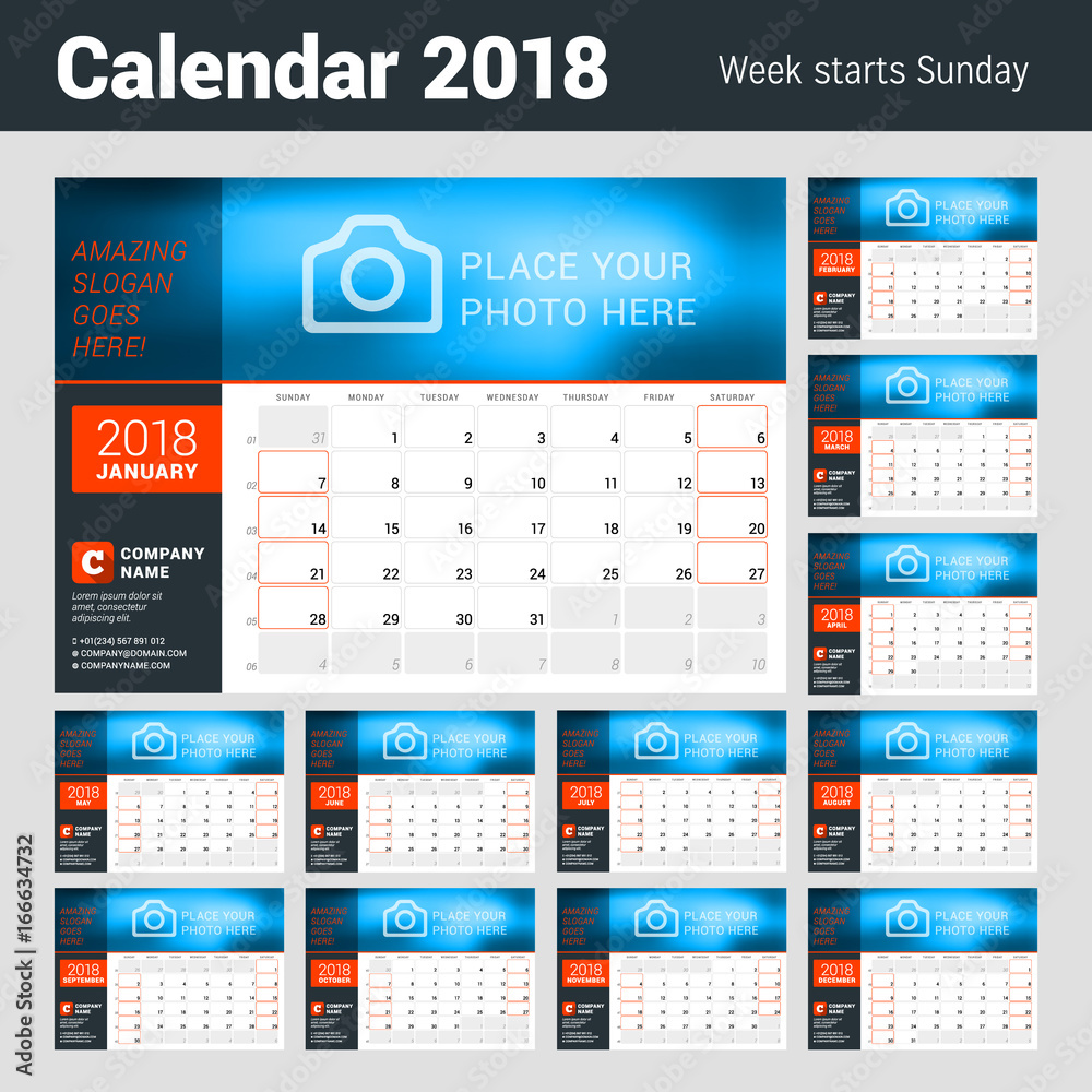 Calendar Planner for 2018 Year. Vector Design Template with Place for Photo. Week Starts on Sunday. Calendar Grid with Week Numbers. Set of 12 Months Calendar Planner for 2018 Year. Vector Design Template with Place for Photo. Week Starts on Sunday. Calendar Grid with Week Numbers. Set of 12 Months