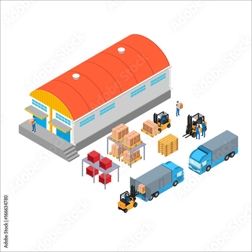 A set of isometric icons, transportation for cargo and a loader with boxes