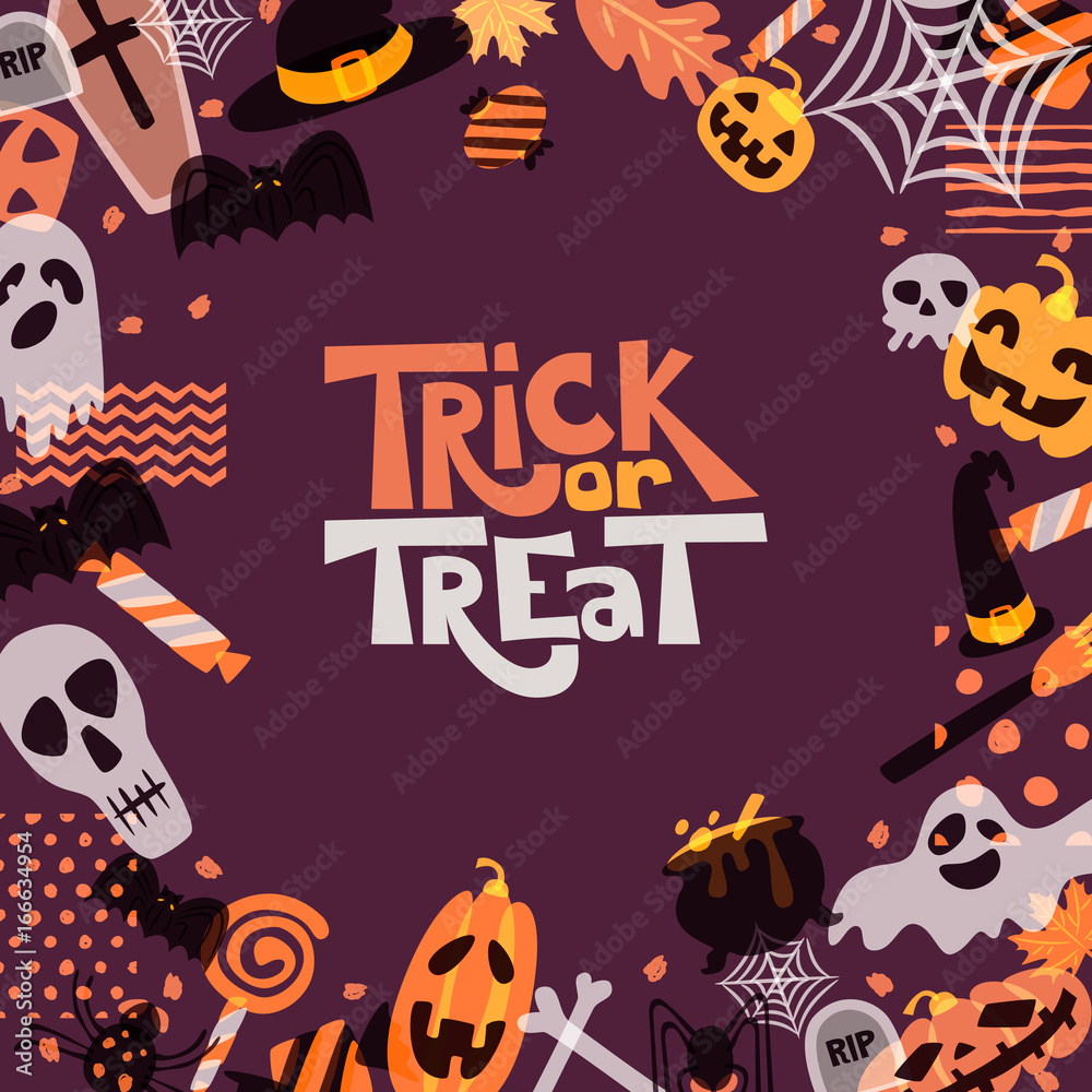 Obraz premium Vector Halloween square frame with hand drawn doodle pumpkin, skull, witch hat, bones, candies, ghost, broom, cauldron and trick or treat word. Design for holiday greeting card, banner, poster.