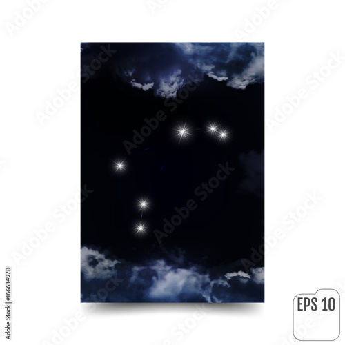 Aries Zodiac Sign Stars on the Cosmic Sky. Vector illustration of Aries four star in a cosmic background. The constellation is seen through the clouds in the night sky. Vector