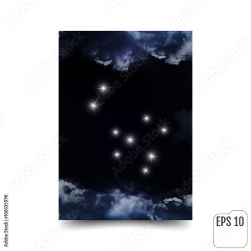 Illustration of Gemini constellation. The constellation is seen through the clouds in the night sky. Vector