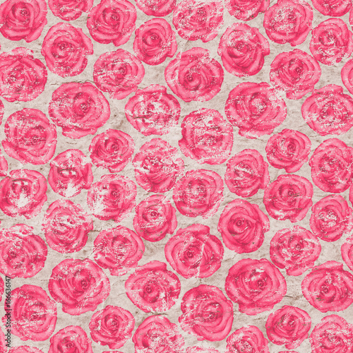 Seamless pattern with pink roses on old paper background.