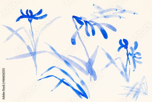 sketches of blue flowers on ivory colored paper