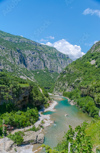 The purest waters of the turquoise color of the river Moraca flowing among the canyons. Montenegro.