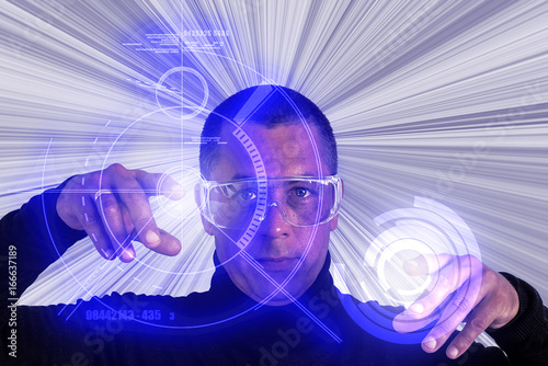 Man Wearing Augmentation Glasses using Digital Display HUD photo