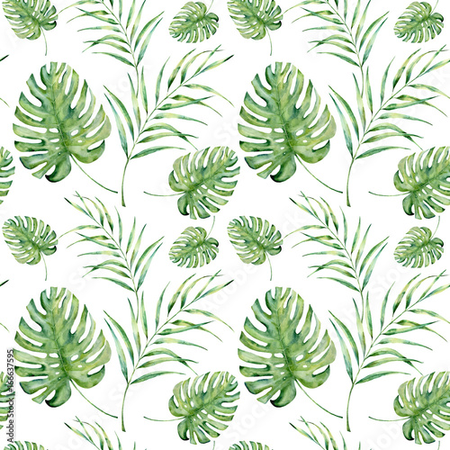 Watercolor tropical pattern with monstera and palm leaves. Hand painted floral ornament with exotic plant branch isolated on white background. For design, fabric or background.