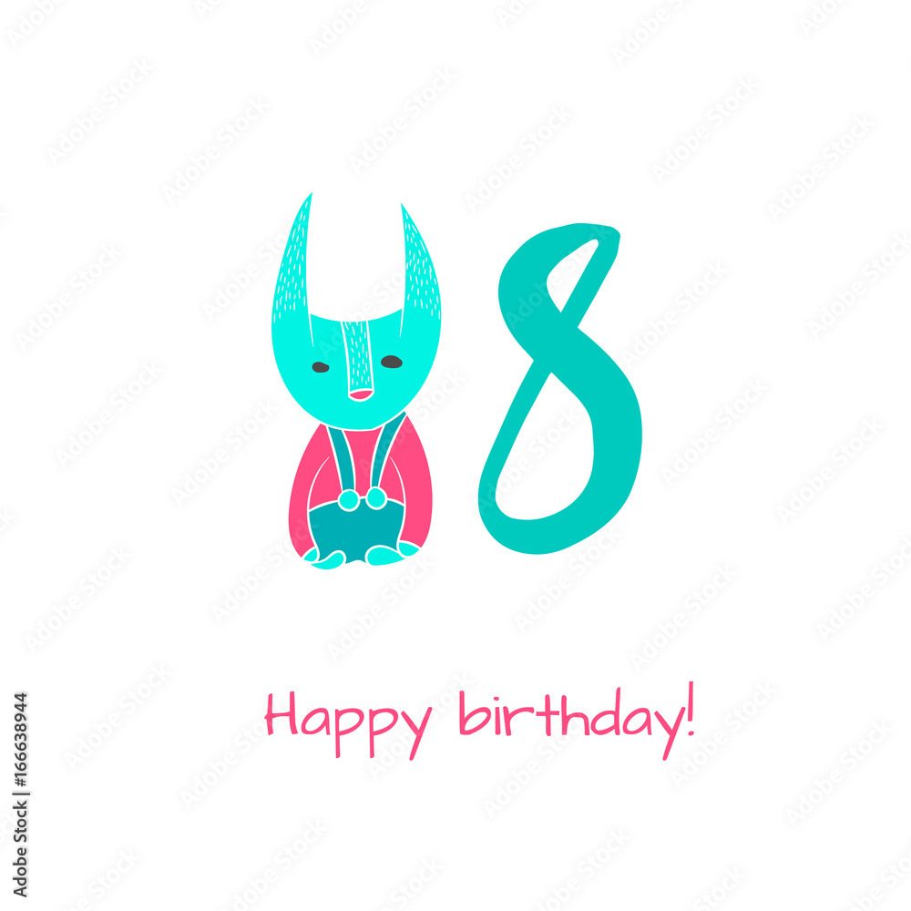 Obraz premium Happy birthday card with fox in hand drawn style