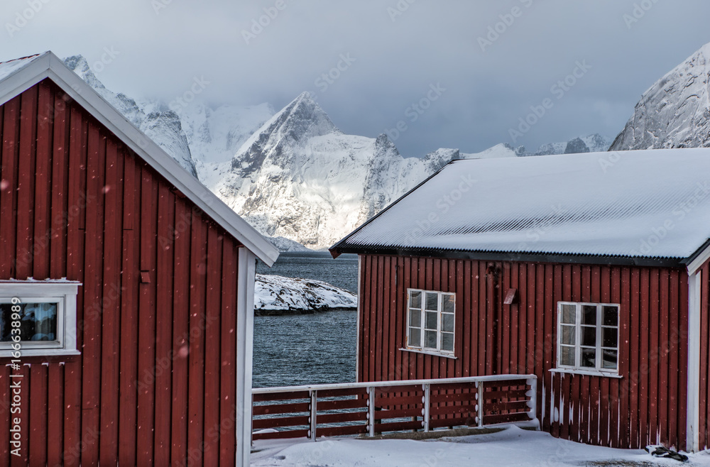 Block of Traditional Red Norwegian Houses of Hamnoy Village at Lofoten Islands.