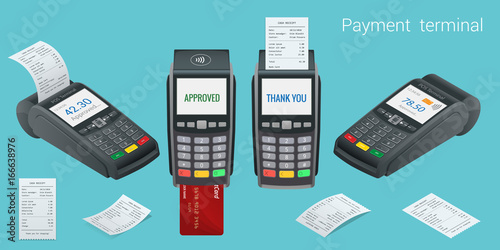 Vector payment machine and credit card. POS terminal confirms the payment by debit credit card, invoce. Vector illustration in flat design. NFC payments concept. Isometric NFC payments concept