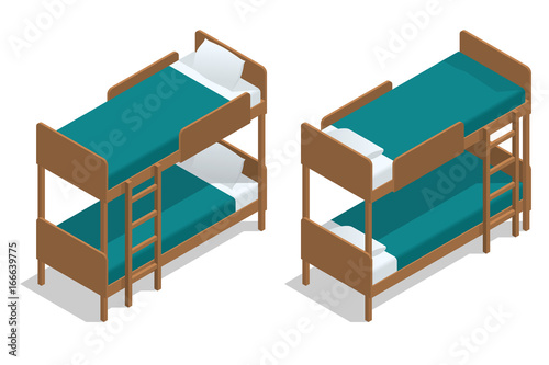 Isometric vector wooden two-storeyed bed separately on a white background. Living-room in a hostel with two bunk beds. Camp Cabin.