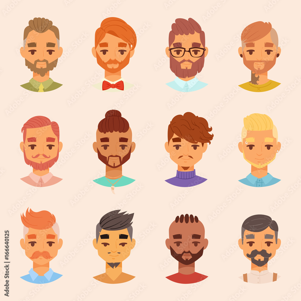 Character various bearded man face avatar fashion hipster male hairstyle head person with mustache vector illustration. Character various bearded man face avatar fashion hipster male hairstyle head person with mustache vector illustration.