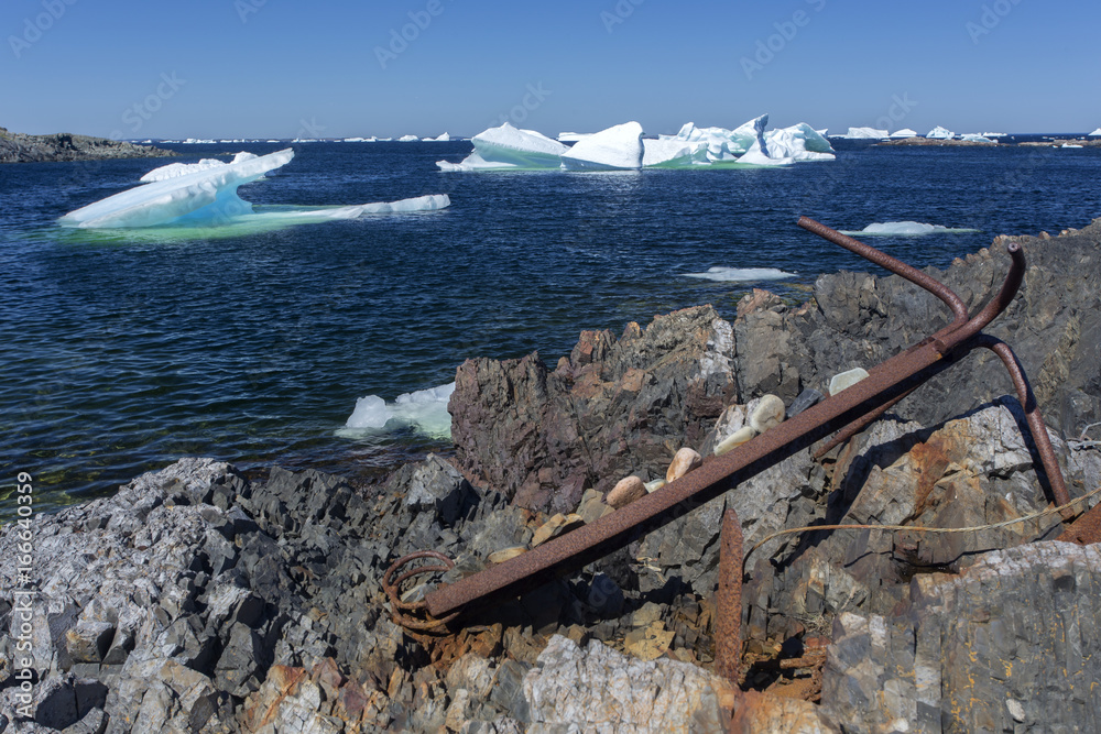 old rusty anchor along rocky Newfoundland coast with icebergs; Fogo Island