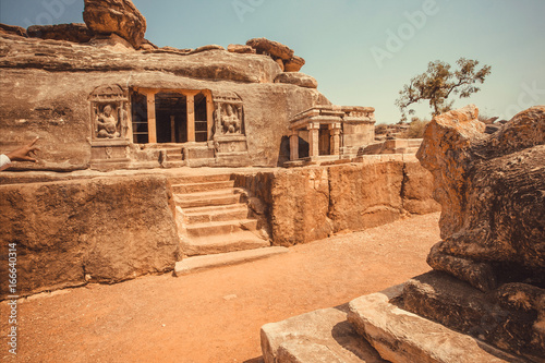 Front of 6th century cave temple, famous Hindu structure of Karnataka state, India. Historical andmark in Aihole town