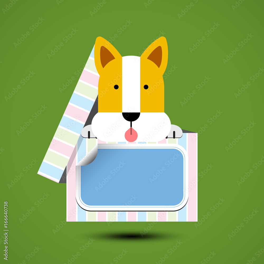 Obraz premium Dog sits in box for gift with sticker for your text. Vector illustration