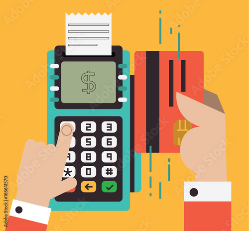 Paying for something, Swiping the card to make a transaction, Business deal, Customer makes a payment, Hand Presses Pin Code and swipes a Point of Sale