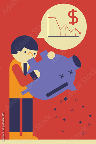 Economic Crisis, Financial Problems, No Savings, Businessman holds an empty Pigg Bank with no savings inside, Lack of Money
