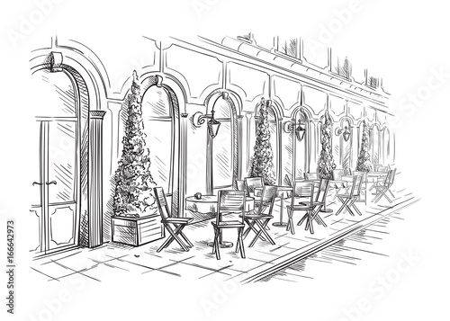French Street Cafe, Hand drawn Vector Illustration