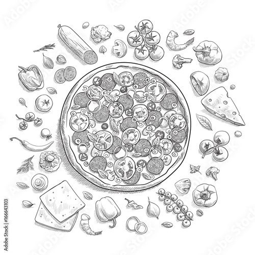 Set of pizza ingredients in doodle style isolated on white background