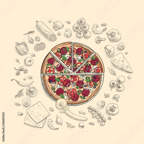 Set of pizza ingredients in doodle style isolated on white background