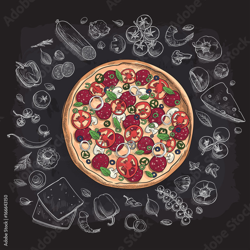 Set of pizza ingredients in doodle style isolated on white background