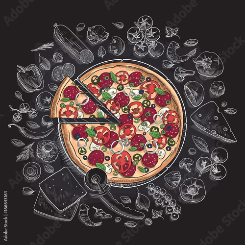 Set of pizza ingredients in doodle style isolated on white background
