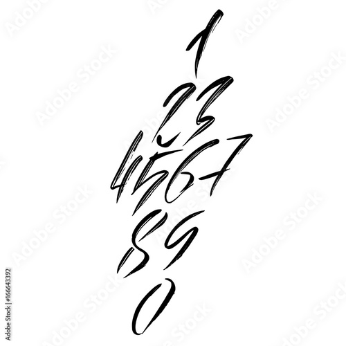 Set of calligraphic ink numbers. Dry brush lettering. Vector illustration.